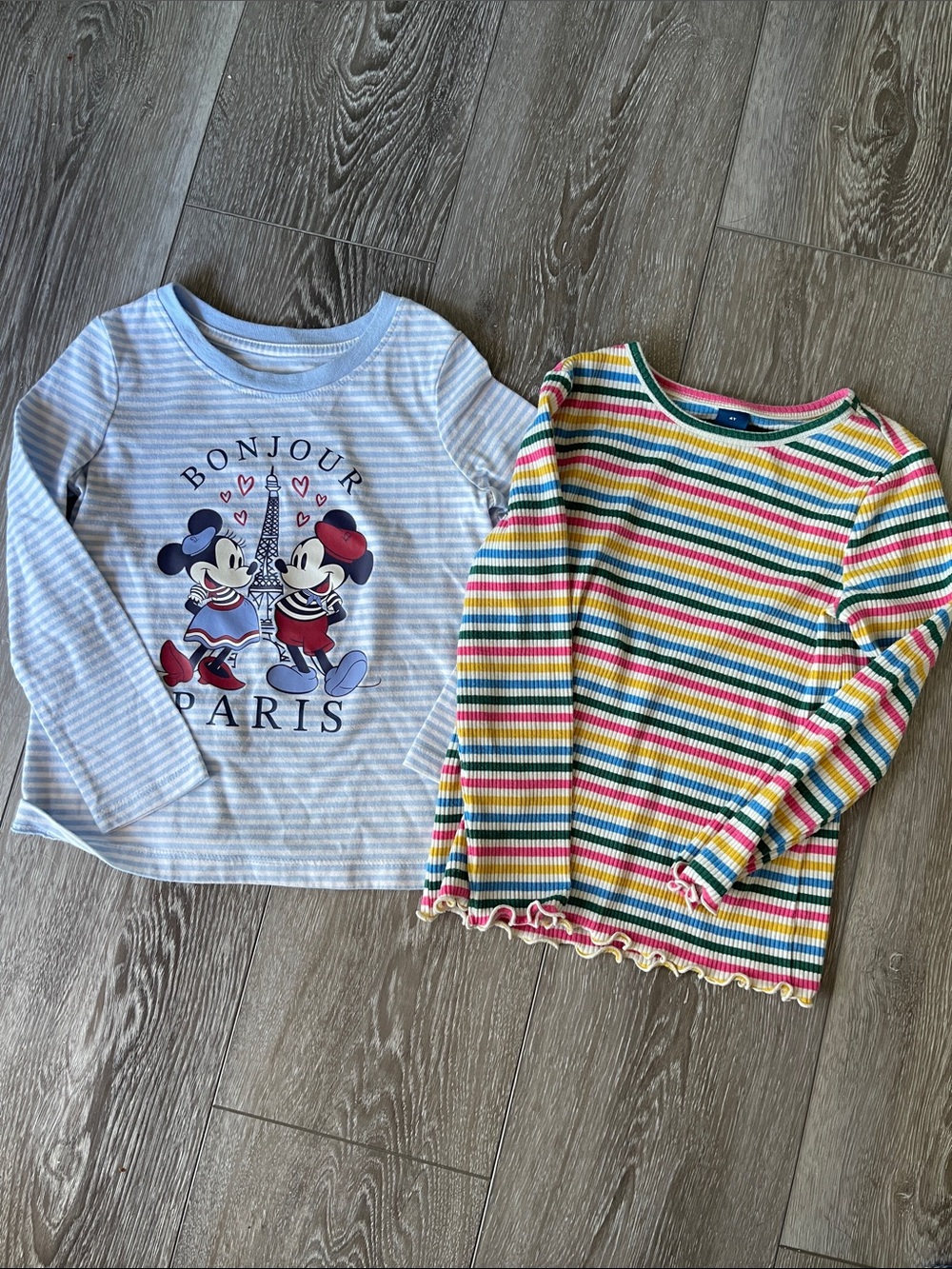 Bonjour Paris Mickey & Minnie Stripe Tee + Colorful Striped Ruffle Hem Top